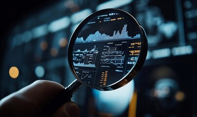 A hand holding a magnifying glass over a digital interface displaying data.