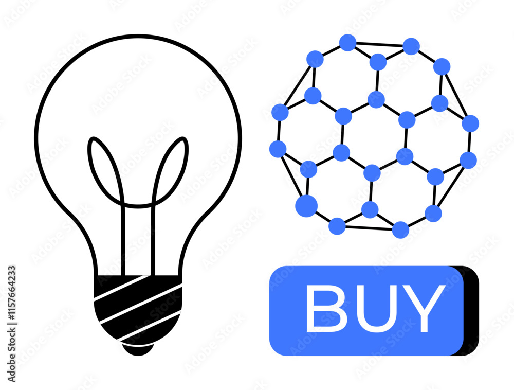 Aufkleber light bulb representing ideas next to a molecular structure and a buy button. ideal for innovation, 