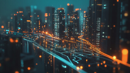 Naklejka premium Smart digital Innovation city with connection network reciprocity over the cityscape. of future smart wireless digital city and social media networking systems that connects people with in city