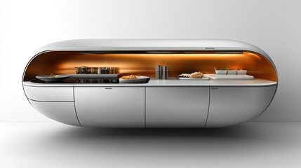 A sleek, modern kitchen unit with a warm interior light, showcasing various cooking items.