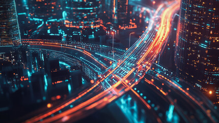 Fototapeta premium Smart digital Innovation city with connection network reciprocity over the cityscape. of future smart wireless digital city and social media networking systems that connects people with in city