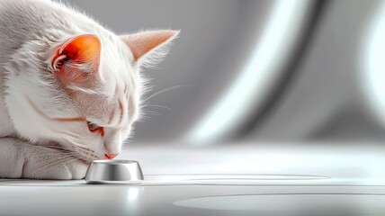 A close-up of a white cat curiously examining a metal food bowl in a modern, well-lit setting.