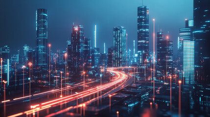 Obraz premium Smart digital Innovation city with connection network reciprocity over the cityscape. of future smart wireless digital city and social media networking systems that connects people with in city