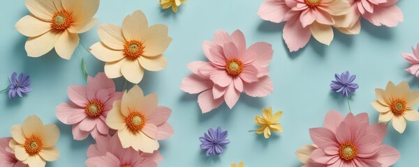 Delicate colourful handmade paper flowers on light blue background with subtle spacing and texture details,  floral arrangement,  creative