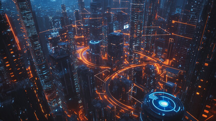 Fototapeta premium Smart digital Innovation city with connection network reciprocity over the cityscape. of future smart wireless digital city and social media networking systems that connects people with in city