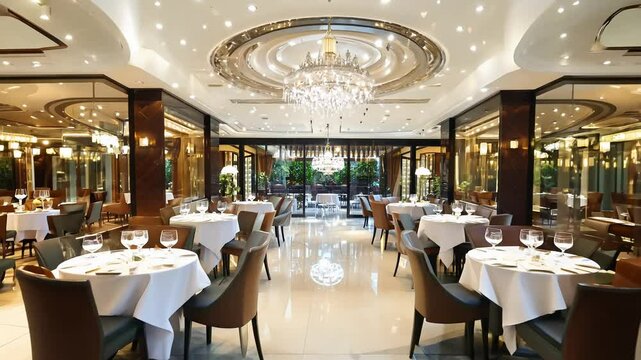 Symmetrical restaurant interior with zoom camera movement