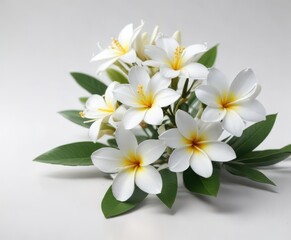 Obraz premium Delicate frangipani, pure white backdrop, sharp focus, botanical, wellness, white