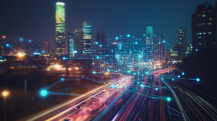 Fototapeta premium Smart digital Innovation city with connection network reciprocity over the cityscape. of future smart wireless digital city and social media networking systems that connects people with in city