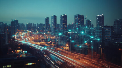 Obraz premium Smart digital Innovation city with connection network reciprocity over the cityscape. of future smart wireless digital city and social media networking systems that connects people with in city