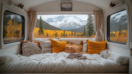 Cozy and Inviting Camper Interior with Mountain View, Soft Pillows and Blankets, Autumn Colors, Nature Escape, Tranquil Setting for Relaxation and Adventure