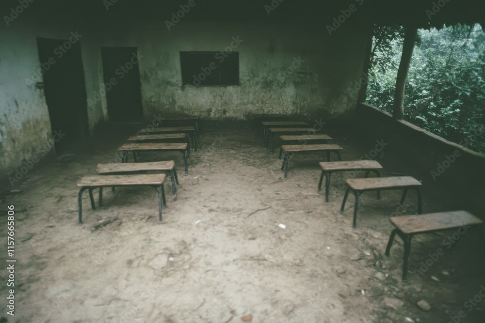 Poster a classroom with empty benches and a chalkboard