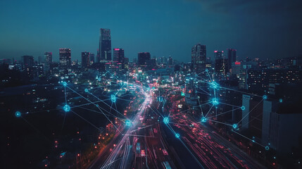 Fototapeta premium Smart digital Innovation city with connection network reciprocity over the cityscape. of future smart wireless digital city and social media networking systems that connects people with in city