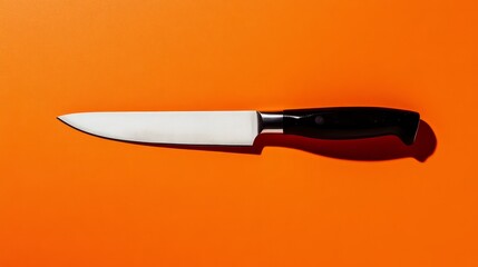 Sharp Kitchen Knife on Orange - Precision cutting tool, culinary utensil, kitchenware, sharp blade, orange background.  Symbolizing precision, efficiency, cooking, preparation, and sharpness.