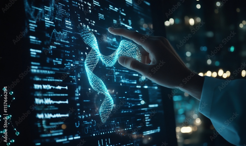 Poster a hand interacts with a holographic dna structure on a digital interface.
