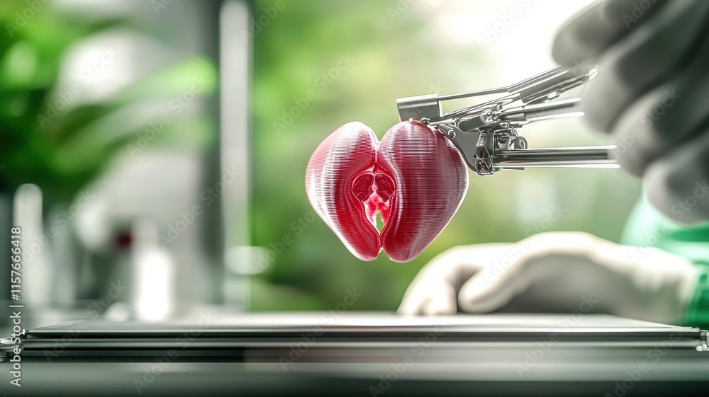 Poster a close-up of a hand using a tool to hold and examine a 3d red, heart-shaped object, possibly in a l