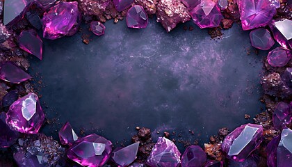 A frame of vibrant purple crystals, with sharp, angular formations, surrounds a dark, textured center, creating a scene reminiscent of a hidden cavern. Background