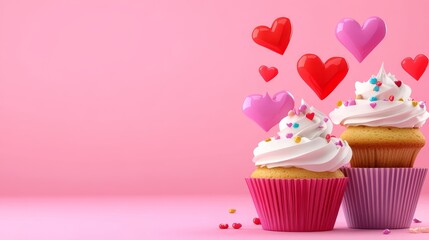 Sweet Valentine Cupcakes - Two delicious cupcakes, topped with frosting and sprinkles, surrounded by floating hearts, symbolizing love, sweetness, celebration, joy, and romance.