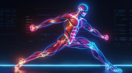A creative portrayal of the muscular system, with LED lights emphasizing muscle groups and fibers, illustrating strength and movement in a dynamic composition.