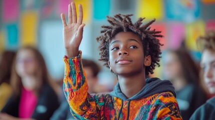 A young student sitting at their desk, hand raised high, colorful posters and classmates blurred in the background 
