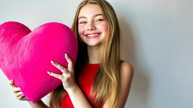 A cheerful Caucasian girl, around 12 years old, holds a vibrant pink heart-shaped pillow, radiating joy in a well-lit space. Her long hair cascades softly as she beams a friendly smile.