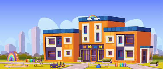 Kindergarten with playground and sandbox. Building facade with cat faces and rainbow, cartoon vector, modern architecture. Public place, cityscape, lawn, walkpath, children's swings, slide, toys.