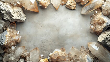 Obraz premium A frame of sparkling, translucent quartz crystals borders a neutral-colored background, creating a scene that evokes a sense of natural wonder. Banner, background