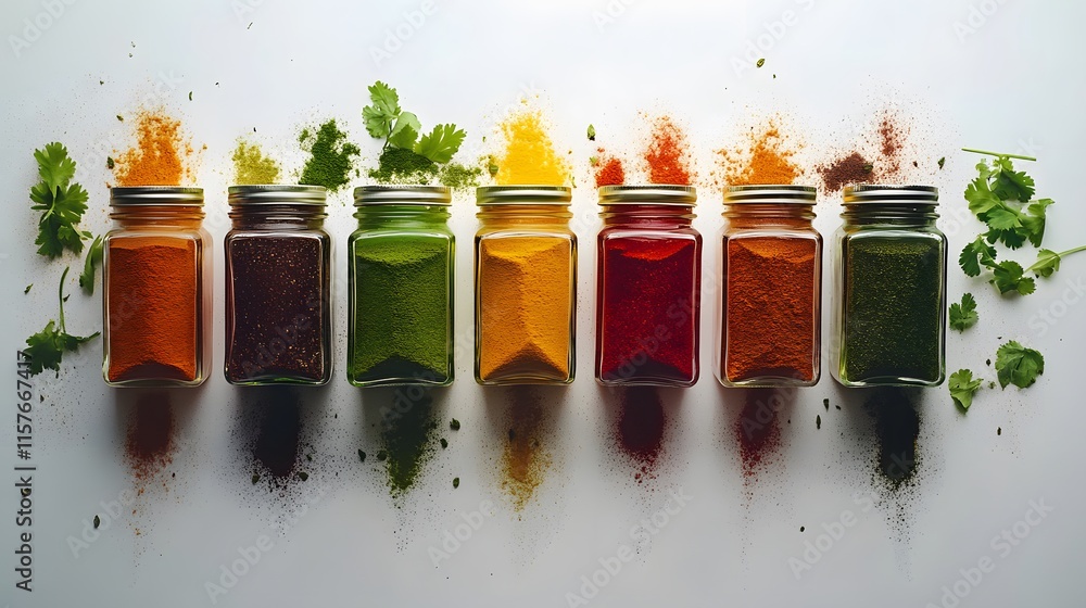 Poster seven spice jars in vibrant colors sit in a row, with spilled powder and fresh cilantro sprigs addin
