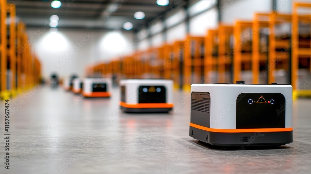 Poster automated robots navigate a modern warehouse filled with orange shelving, showcasing advanced techno