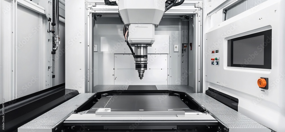 Poster a high-precision cnc machine with a milling head and worktable for manufacturing.