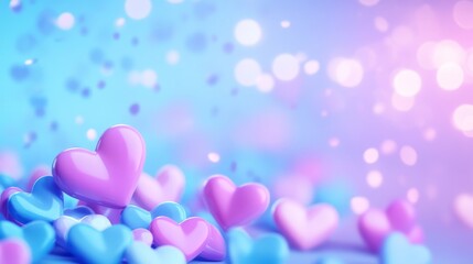 Fototapeta premium Pastel Hearts Background - Sweet, romantic, dreamy, playful, joyful; A collection of pastel blue and pink hearts against a bokeh background.