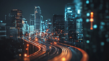Obraz premium Smart digital Innovation city with connection network reciprocity over the cityscape. of future smart wireless digital city and social media networking systems that connects people with in city