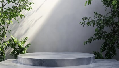 Elegant Stone Podium Mockup with Lush Greenery