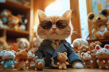 The stylish cat in shades and suit with adorable animal pals at school