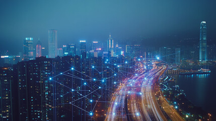 Obraz premium Smart digital Innovation city with connection network reciprocity over the cityscape. of future smart wireless digital city and social media networking systems that connects people with in city