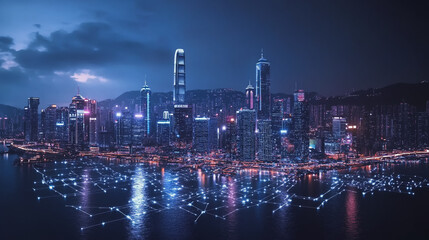 Fototapeta premium Smart digital Innovation city with connection network reciprocity over the cityscape. of future smart wireless digital city and social media networking systems that connects people with in city