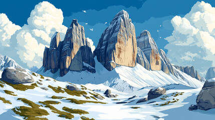 Illustration, Parco Naturale Tre Crime di Lavaredo in Italy, Drei Zinnen. touristic advertisement poster. Wonderful hiking spot in the Italian Dolomites, mountains. Impressive mountain peaks, outdoor 