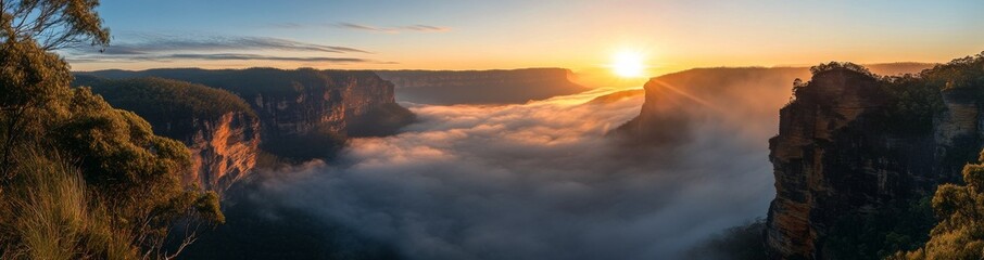 Fototapeta premium Paragliding above mountains at sunrise with clouds beneath in a breathtaking landscape