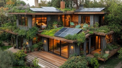 Eco-friendly modern home with lush greenery and solar panels, showcasing sustainable living and harmonious design with nature for a serene atmosphere