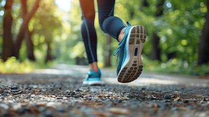 runner closeup of woman jogging in central park new york city with barefoot running shoes perfect for fitness and outdoor running in the park
