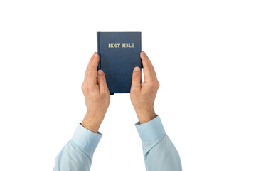 Hands holding Holy Bible book. Sacred scripture. Isolated background
