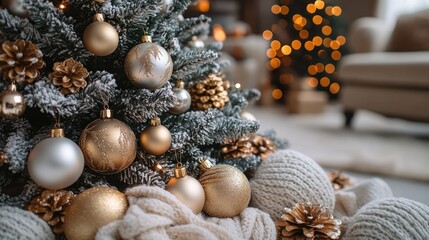 A cozy holiday setting featuring a decorated Christmas tree and festive ornaments.