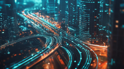 Smart digital Innovation city with connection network reciprocity over the cityscape. of future smart wireless digital city and social media networking systems that connects people with in city