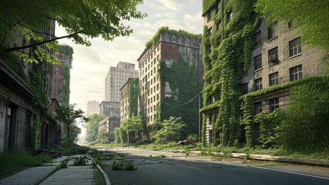 Lush vegetation gradually overtakes decaying buildings and streets in a deserted urban environment, showcasing the power of nature's reclamation
