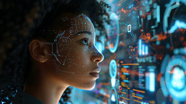 ai cyber security threat illustration augmented reality artificial intelligence collage black african american female it specialist analyzing data information technology side profile copy space
