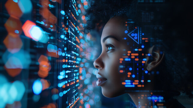 black african american female it specialist ai cyber security threat illustration analyzing data information technology augmented reality artificial intelligence collage side profile copy space
