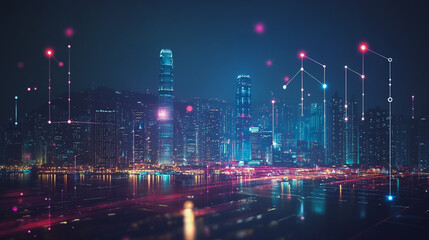 Smart digital Innovation city with connection network reciprocity over the cityscape. of future smart wireless digital city and social media networking systems that connects people with in city