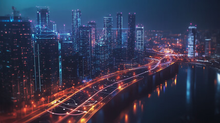 Obraz premium Smart digital Innovation city with connection network reciprocity over the cityscape. of future smart wireless digital city and social media networking systems that connects people with in city