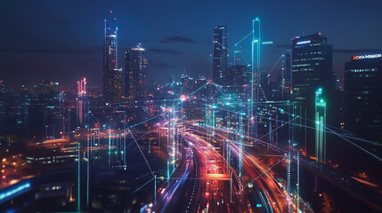 Fototapeta premium Smart digital Innovation city with connection network reciprocity over the cityscape. of future smart wireless digital city and social media networking systems that connects people with in city