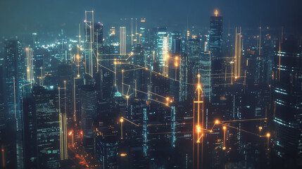 Fototapeta premium Smart digital Innovation city with connection network reciprocity over the cityscape. of future smart wireless digital city and social media networking systems that connects people with in city