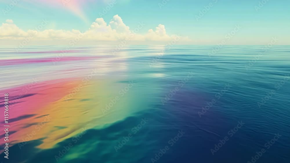 Aufkleber calm ocean surface mirroring vibrant rainbow across cloudy sky, creating serene panoramic seascape w